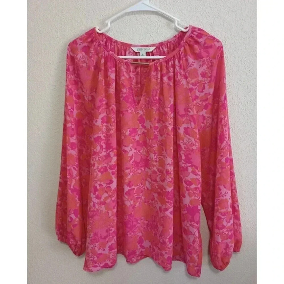 Pioneer Floral Stencil Keyhole Crepe Top Pink Size Medium - Picture 1 of 6